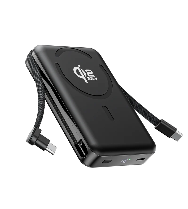 10.000 mAh Powerbank med magnetisk hurtigopladning 25 W og indbygget kabel
