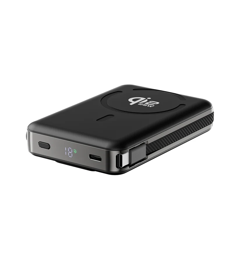 10.000 mAh Powerbank med magnetisk hurtigopladning 25 W og indbygget kabel