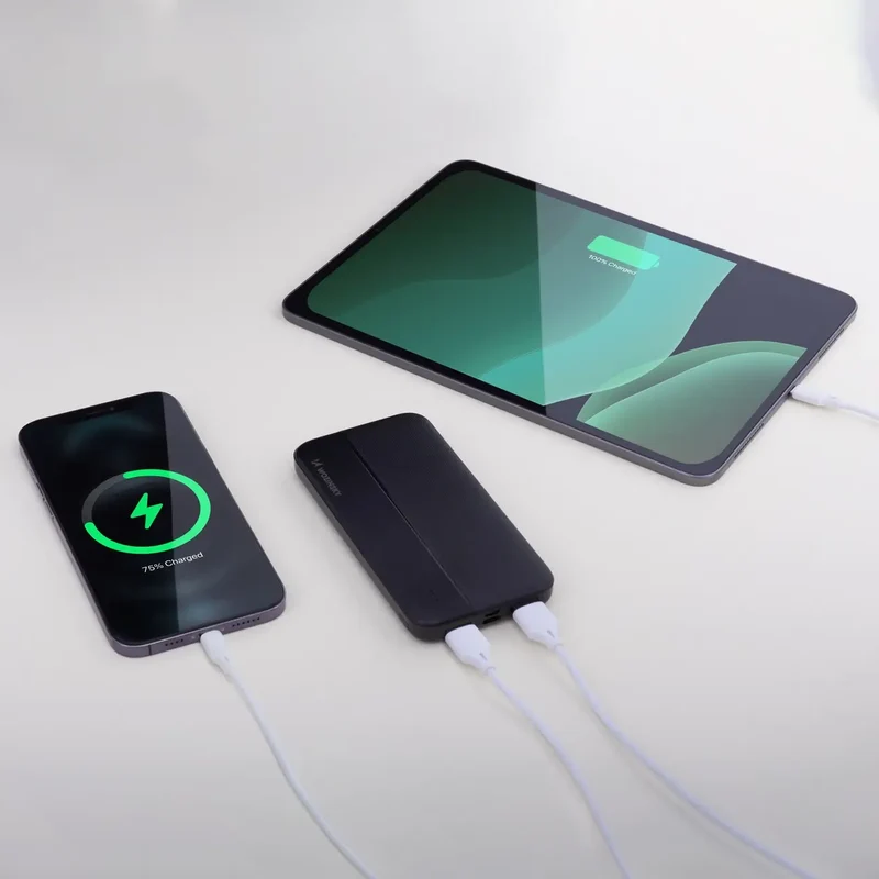 Kompakt 10.000 mAh Powerbank med Dual-USB, USB-C, Micro-USB og LED-display