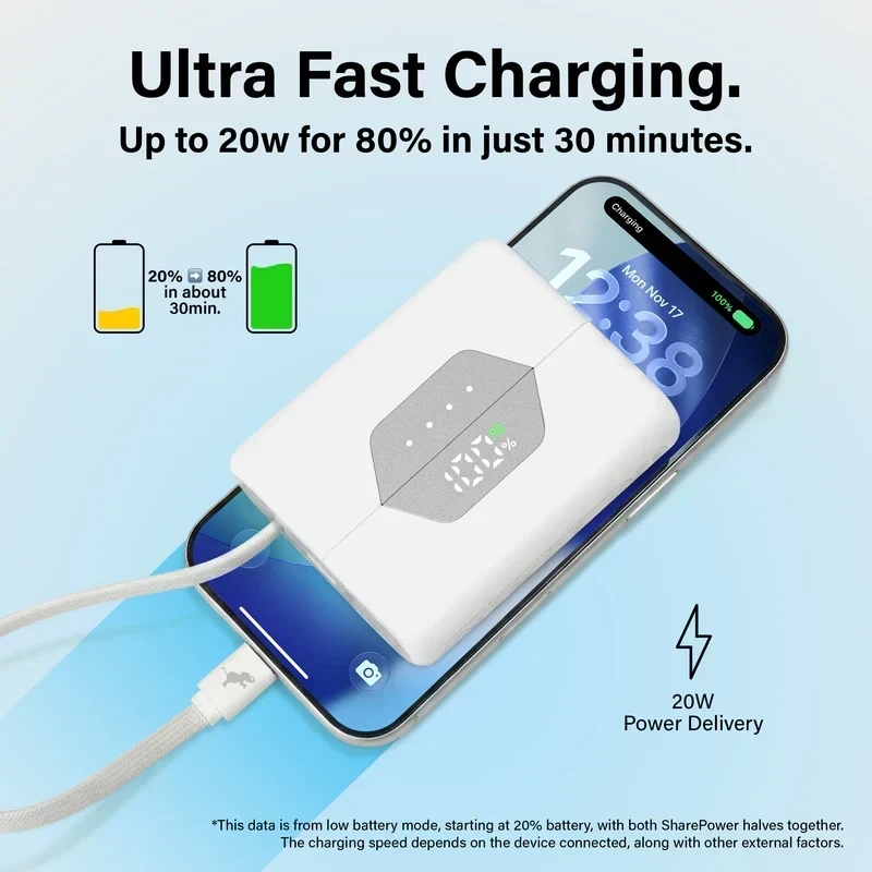 Magnetisk Powerbank 10.000 mAh med to 5.000 mAh batterier og USB-C porte