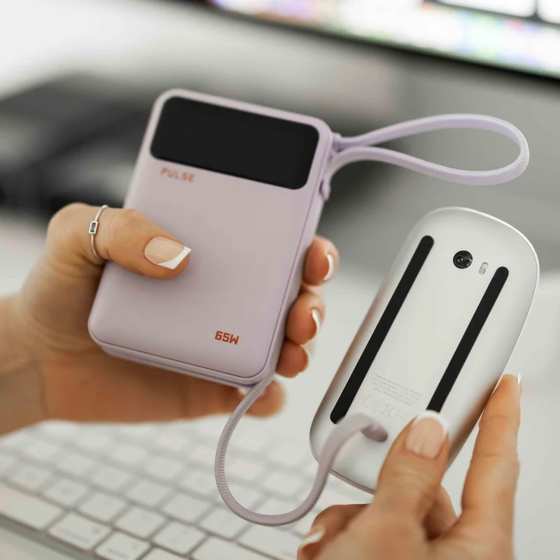 20.000 mAh Powerbank med 65W Power Delivery og indbygget USB-C-kabel til bærbar, tablet og smartphone