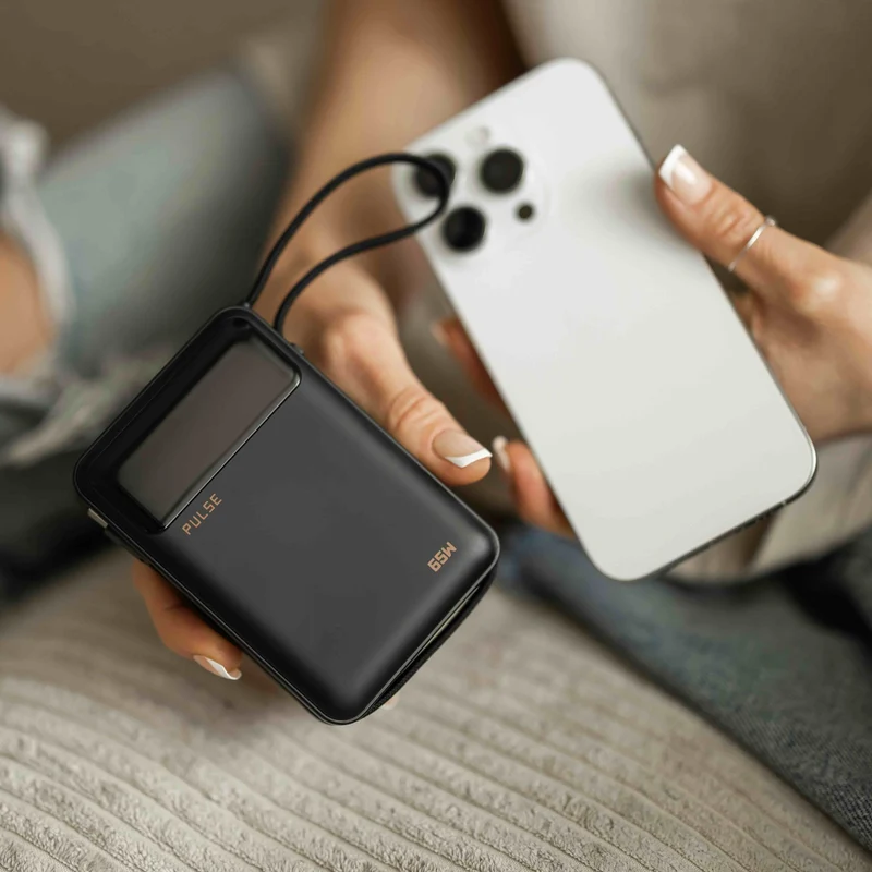 20.000 mAh Powerbank med 65W Power Delivery og indbygget USB-C-kabel til bærbar, tablet og smartphone