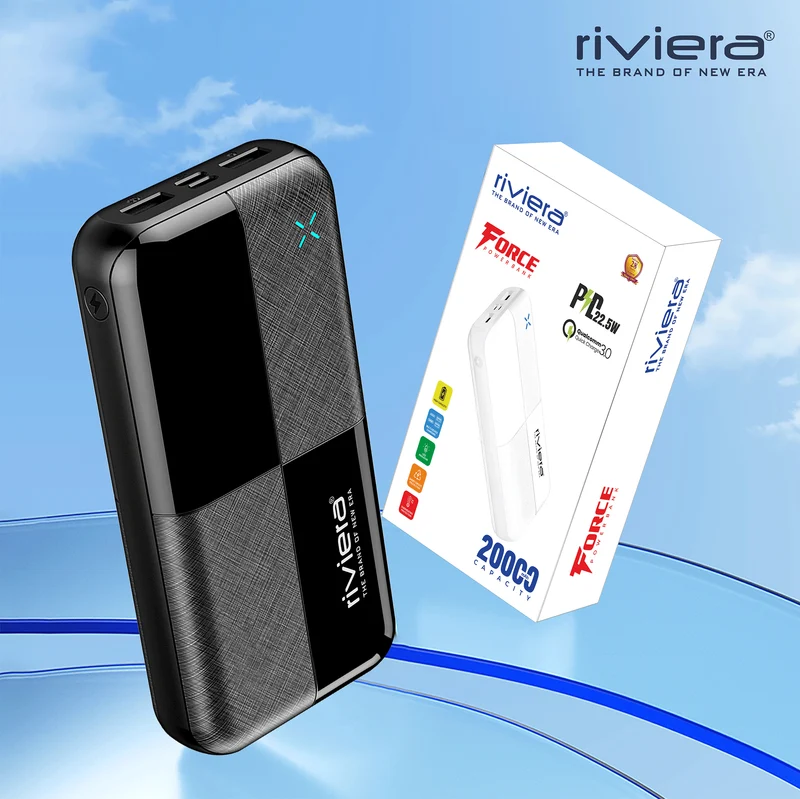 Powerbank 20000 mAh med 22,5 W hurtigoplader, USB-C, to udgange og LED-indikator