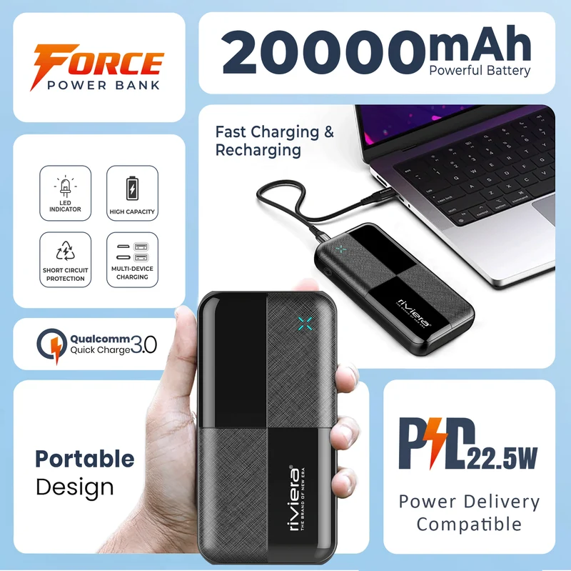 Powerbank 20000 mAh med 22,5 W hurtigoplader, USB-C, to udgange og LED-indikator