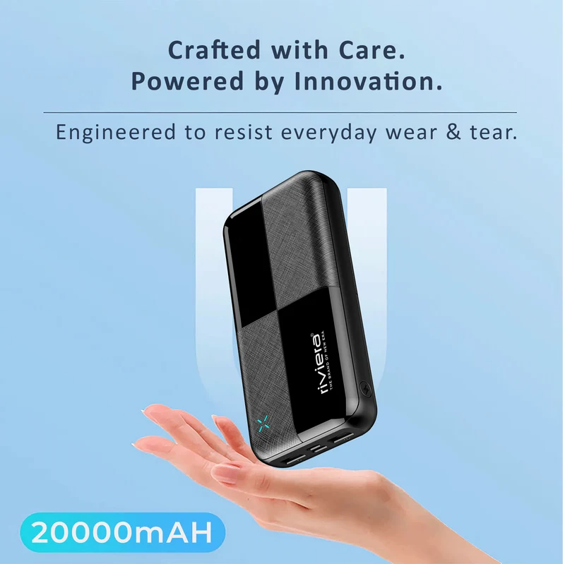 Powerbank 20000 mAh med 22,5 W hurtigoplader, USB-C, to udgange og LED-indikator