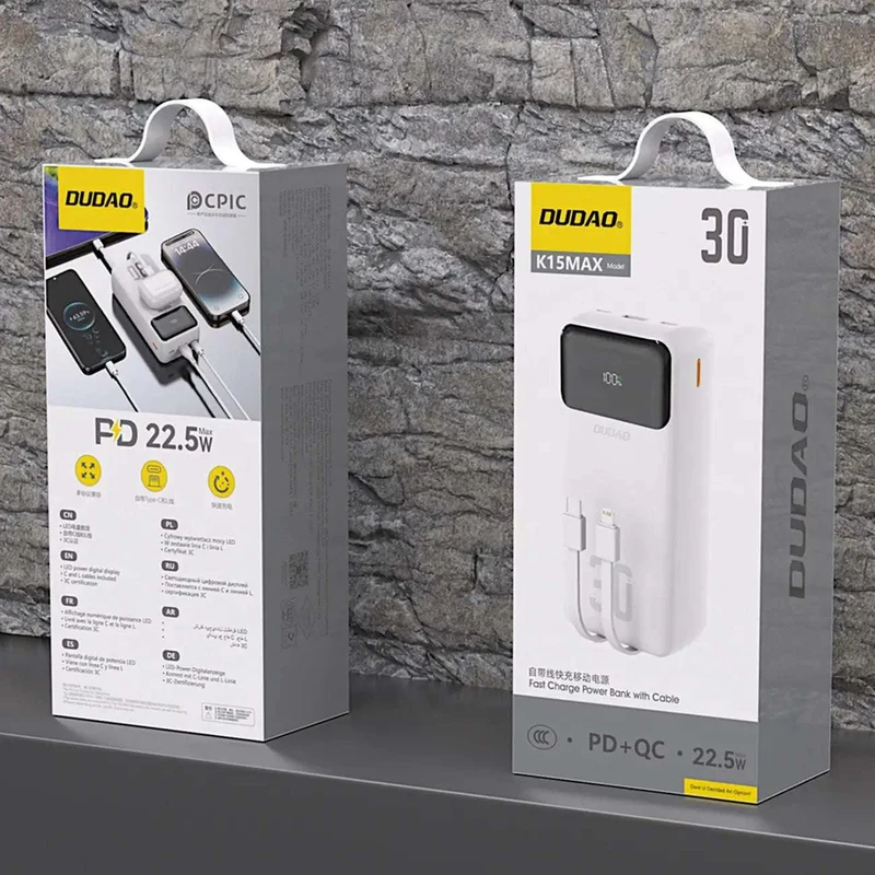Powerbank 30.000 mAh | Hurtigoplader 22,5 W med USB-C, Lightning-kabel og Digitalskærm