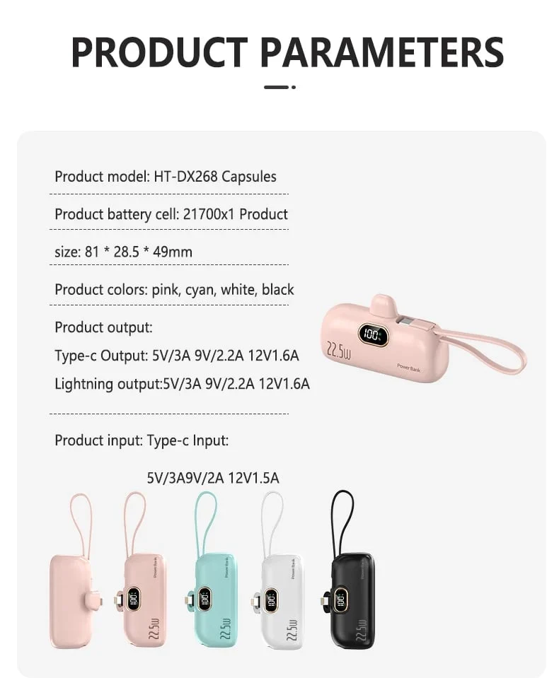 Mini Powerbank 5000 mAh med 22,5W Hurtigopladning