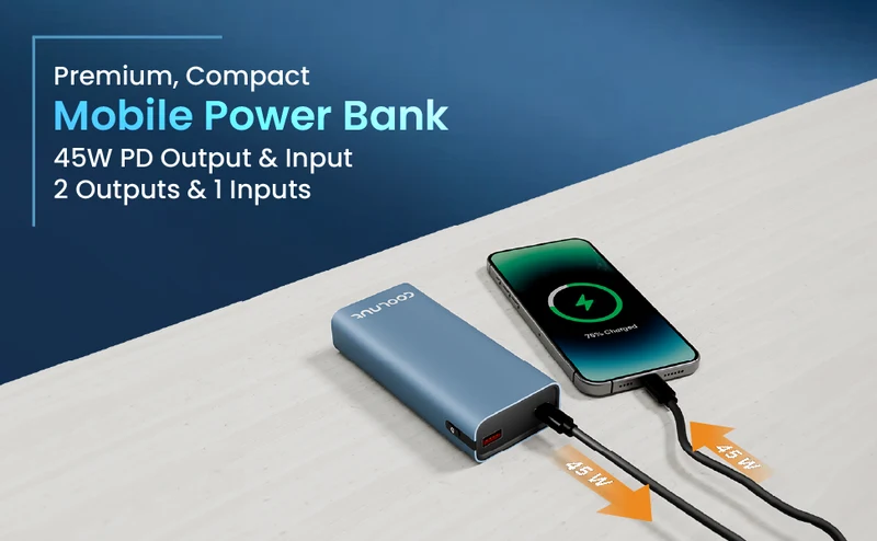 Powerbank med 10.000 mAh - 45 W PD hurtigopladning til smartphone og tablet