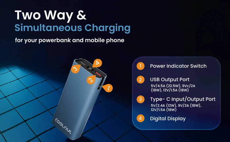 Powerbank med 10.000 mAh - 45 W PD hurtigopladning til smartphone og tablet