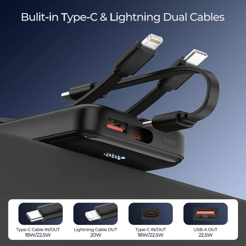 Powerbank med 10.000 mAh, indbyggede kabler, LED-display og hurtigopladning til 4 enheder