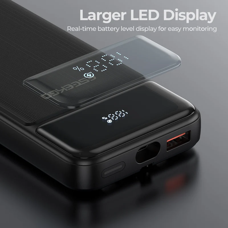 Powerbank med 10.000 mAh, indbyggede kabler, LED-display og hurtigopladning til 4 enheder