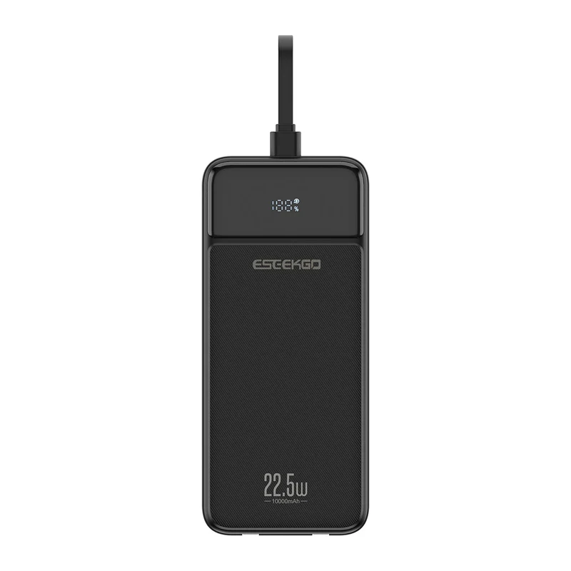Powerbank med 10.000 mAh, indbyggede kabler, LED-display og hurtigopladning til 4 enheder