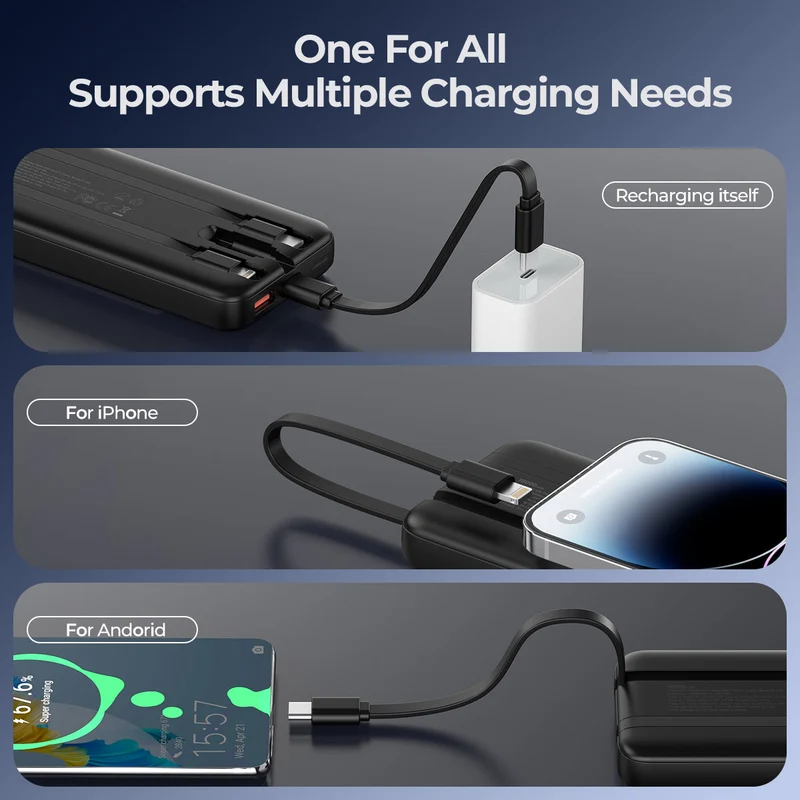 Powerbank med 10.000 mAh, indbyggede kabler, LED-display og hurtigopladning til 4 enheder