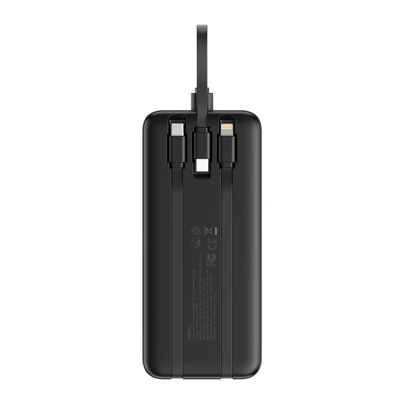 Powerbank med 10.000 mAh, indbyggede kabler, LED-display og hurtigopladning til 4 enheder