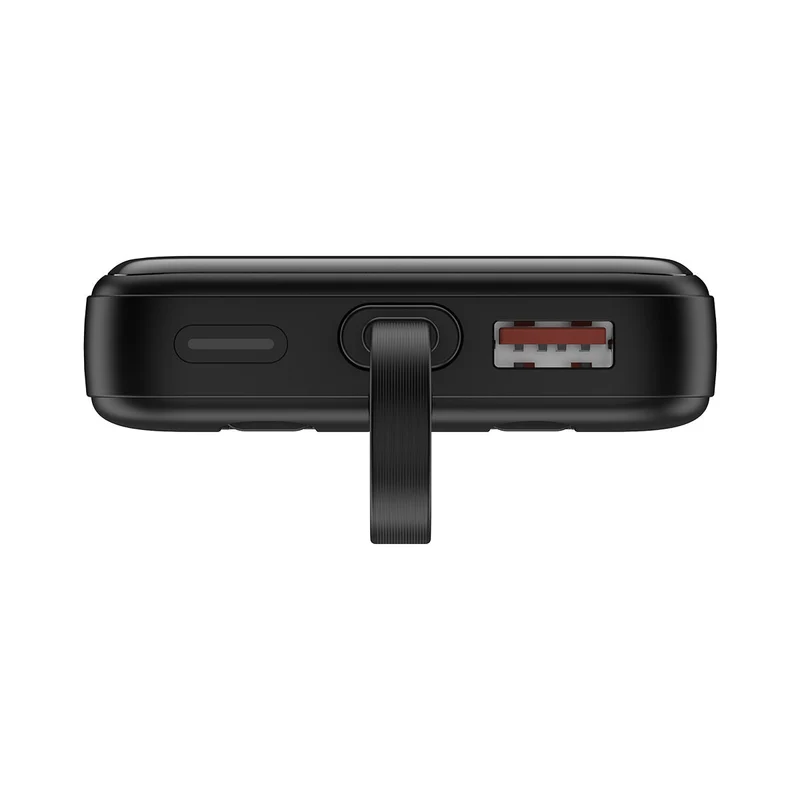 Powerbank med 10.000 mAh, indbyggede kabler, LED-display og hurtigopladning til 4 enheder