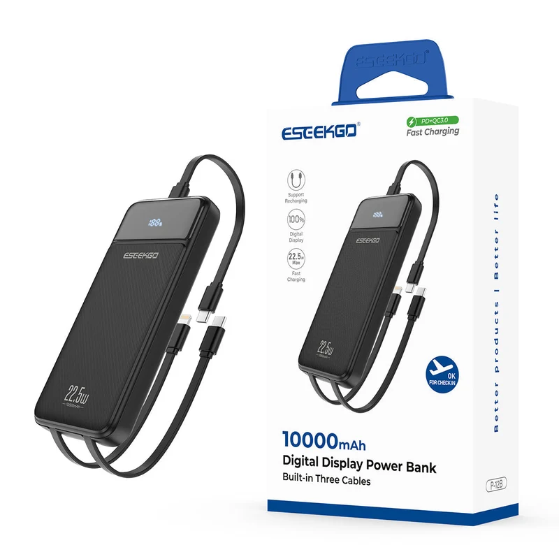 Powerbank med 10.000 mAh, indbyggede kabler, LED-display og hurtigopladning til 4 enheder