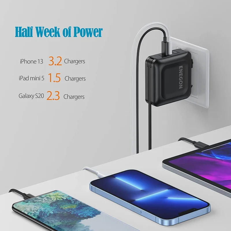 Powerbank med AC-stik og hurtig opladning – 15000 mAh til smartphone og tablet