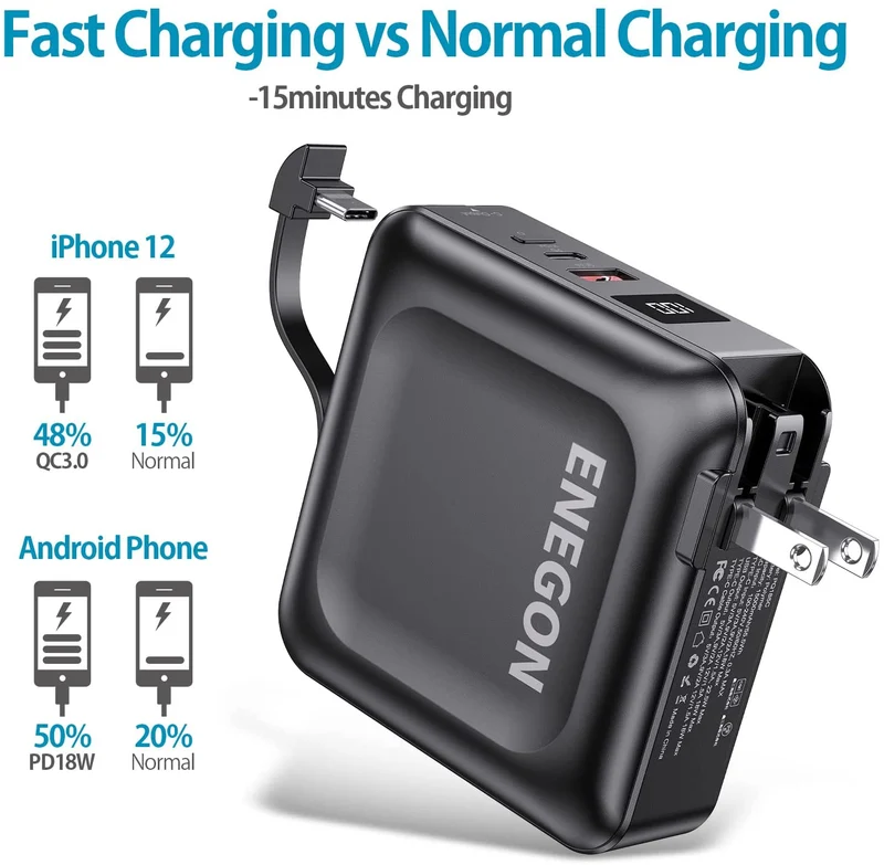 Powerbank med AC-stik og hurtig opladning – 15000 mAh til smartphone og tablet
