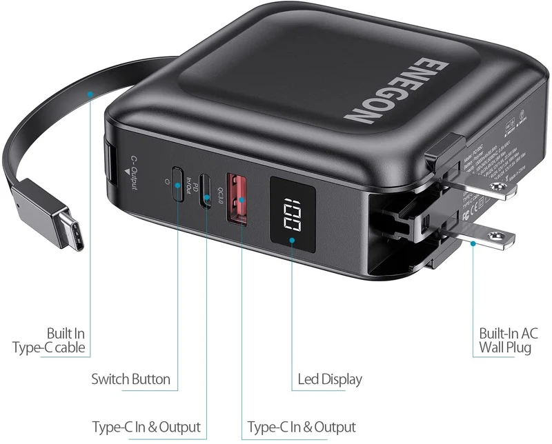 Powerbank med AC-stik og hurtig opladning – 15000 mAh til smartphone og tablet