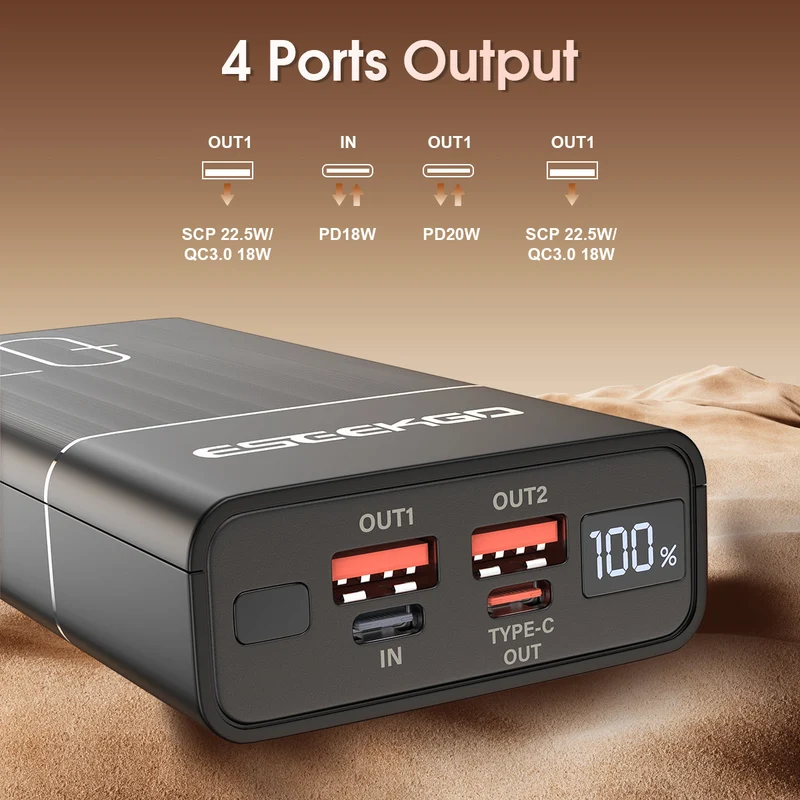 Powerbank med 20.000 mAh, 22,5 W hurtigopladning og 3 porte