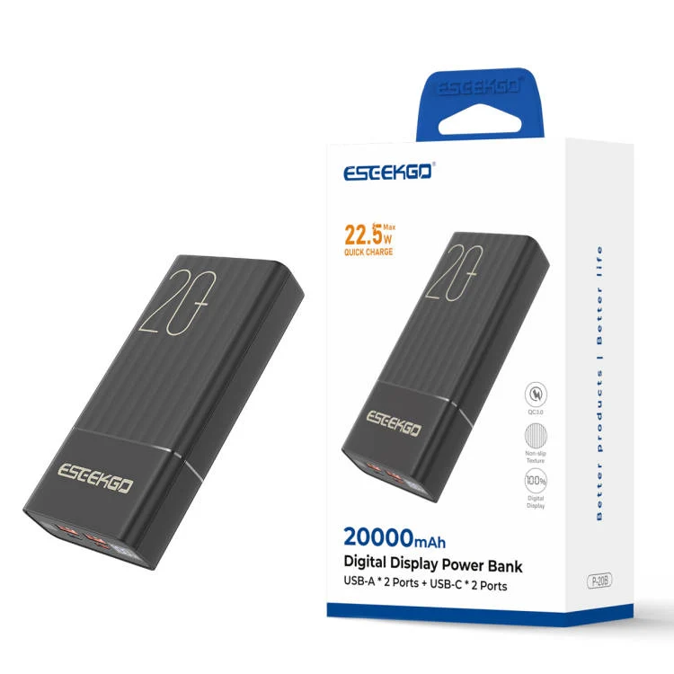 Powerbank med 20.000 mAh, 22,5 W hurtigopladning og 3 porte