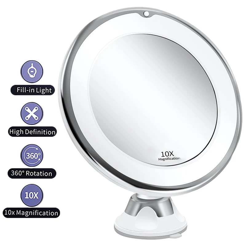 10x förstoringsspegel med LED-ljus och sugkopp – perfekt för smink och resor