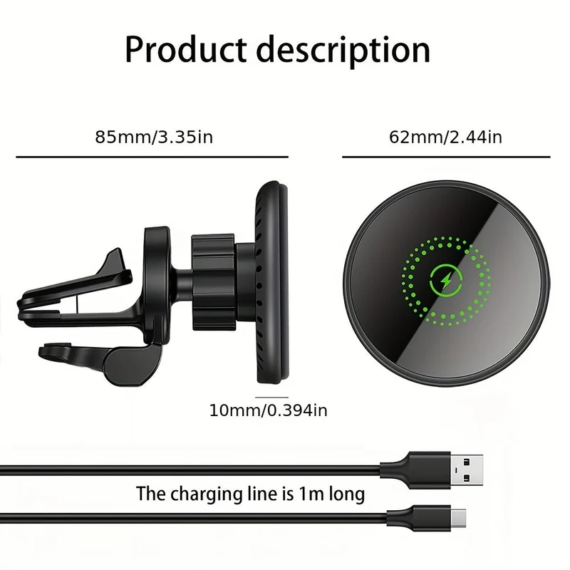 Trådløs biloplader med magnetisk telefonholder, bilmontering