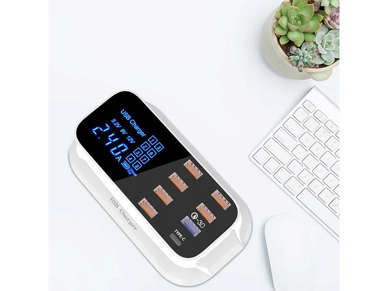 Snabbladdare för Mobil med 7 USB + 1 USB-C med LCD-skärm - 40W
