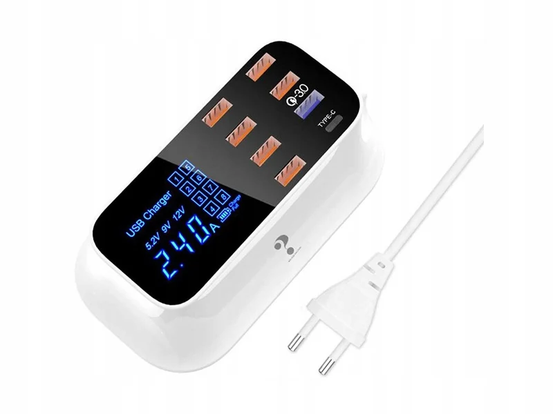 Snabbladdare för Mobil med 7 USB + 1 USB-C med LCD-skärm - 40W