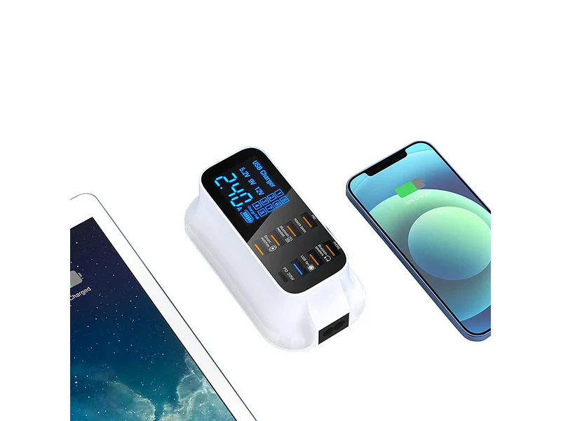 Snabbladdare för Mobil med 7 USB + 1 USB-C med LCD-skärm - 40W