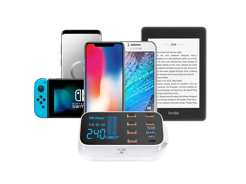 Snabbladdare för Mobil med 7 USB + 1 USB-C med LCD-skärm - 40W