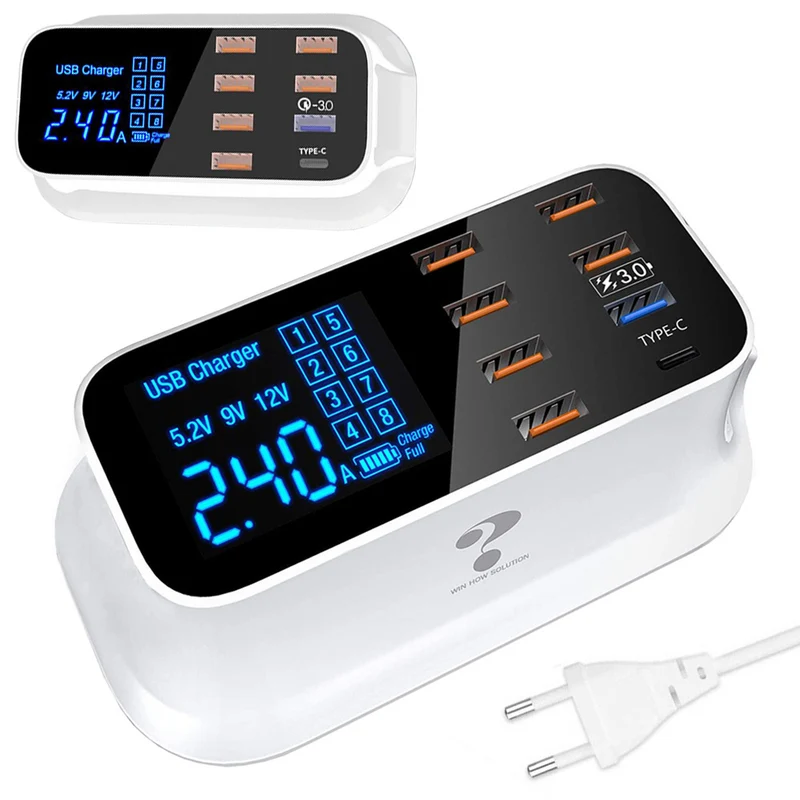 Snabbladdare för Mobil med 7 USB + 1 USB-C med LCD-skärm - 40W