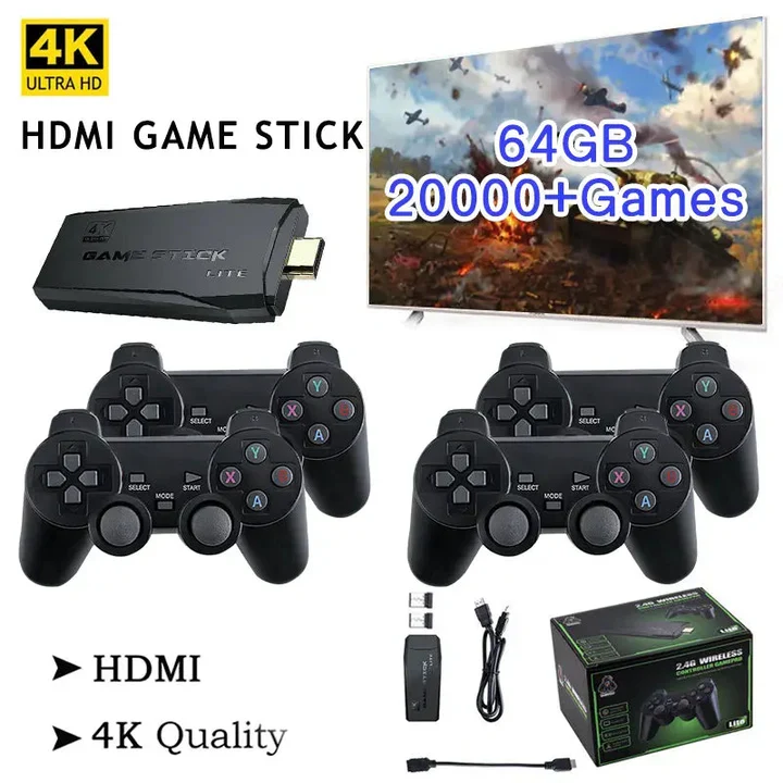 HDMI 4K Spilkonsole med 64GB og 20.000 Retro Spil samt 2 trådløse Gamepads