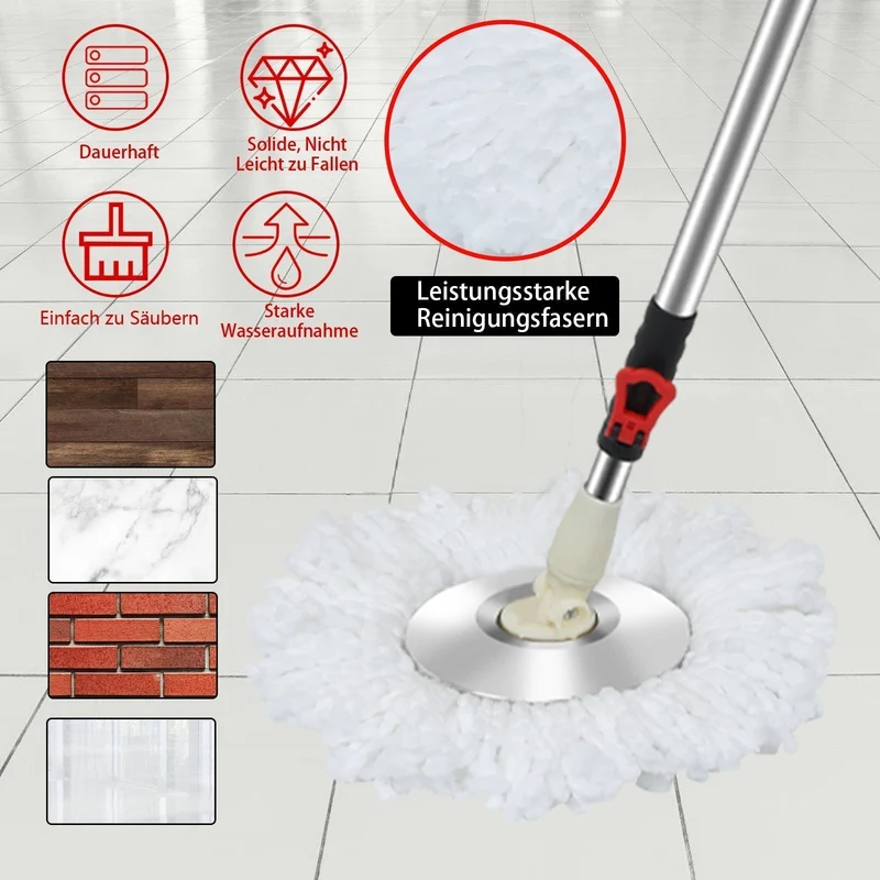 Moppe sæt med spand | 360° gulvmoppe med to zoner | 3 mikrofiberbetræk & teleskopisk skaft