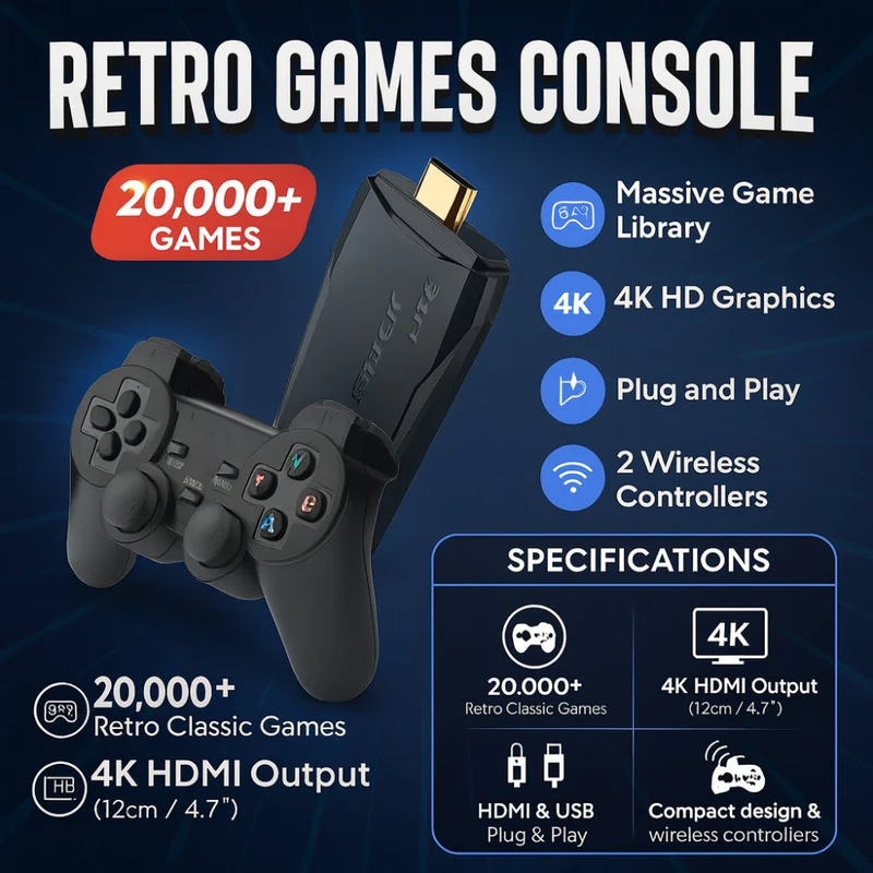 Retro Spilkonsol i 4K med Dual Trådløs Controller og Stick Sæt