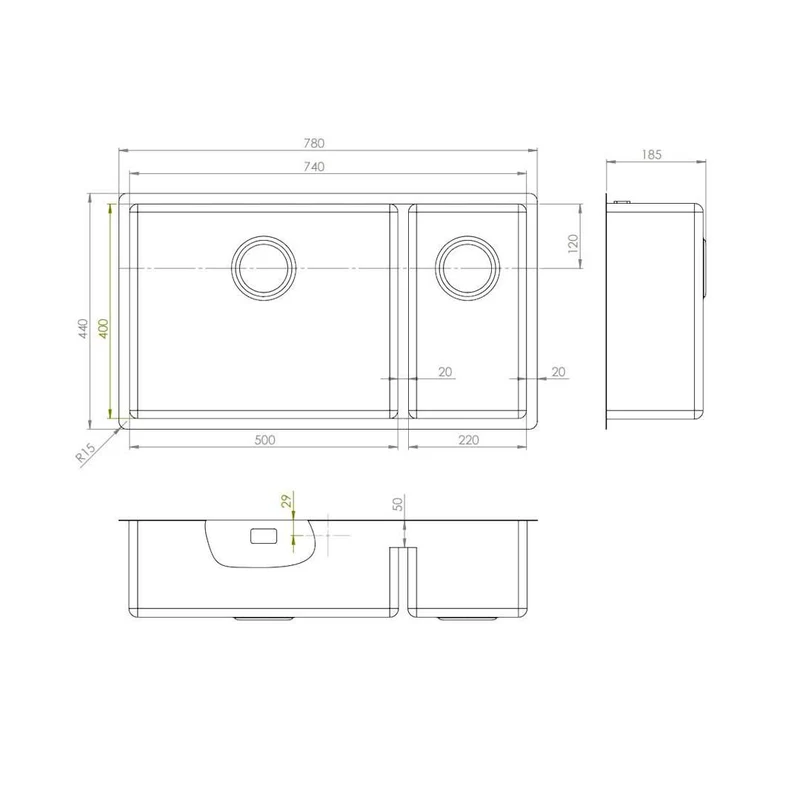 Strand Stainless ST74-D Double Kitchen Sink Left Bowl R15