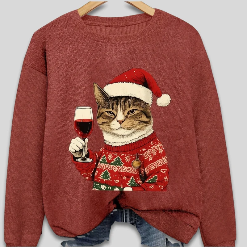 Funny Cat Santa Pullover til kvinder – Grimt Juletrøje