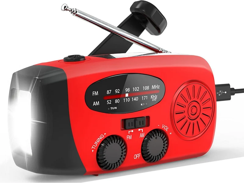 Laddningsbar nödradio med solcell, dynamo, ficklampa och powerbank-funktion