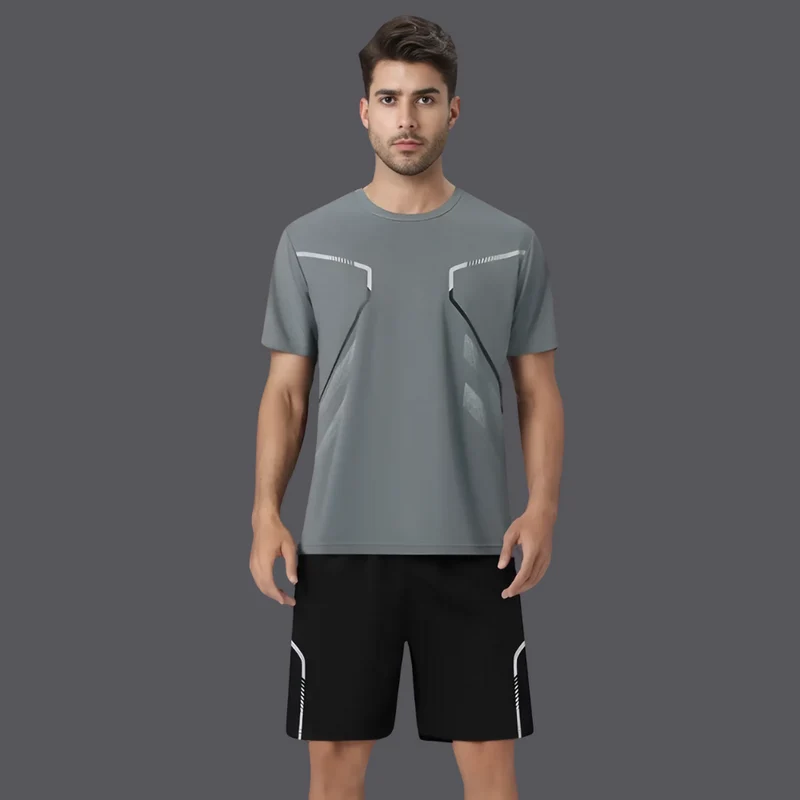 Træningssæt til mænd, åndbart T-shirt og fleksible shorts