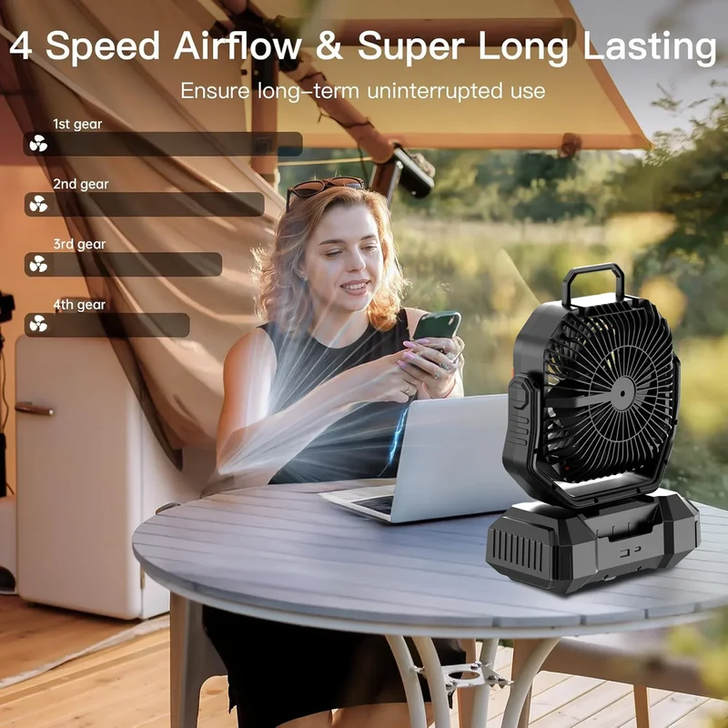 Genopladelig campingvifte med 40000mAh batteri og LED-lampe – F22
