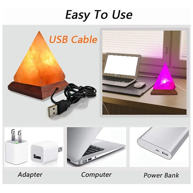 USB LED Pyramide med Himalaya Kristallsaltlampe, Luftrenser & Stemning