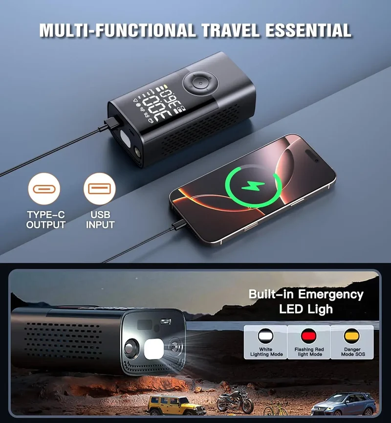 Trådløs dækpumpe 150PSI, 4000mAh, LCD, USB-C