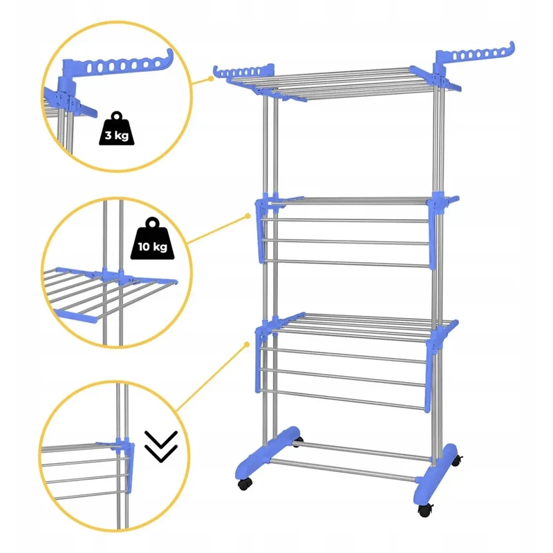 Foldable og pladsbesparende vasketøjsstativ med 4 niveauer og justerbare sidefløje
