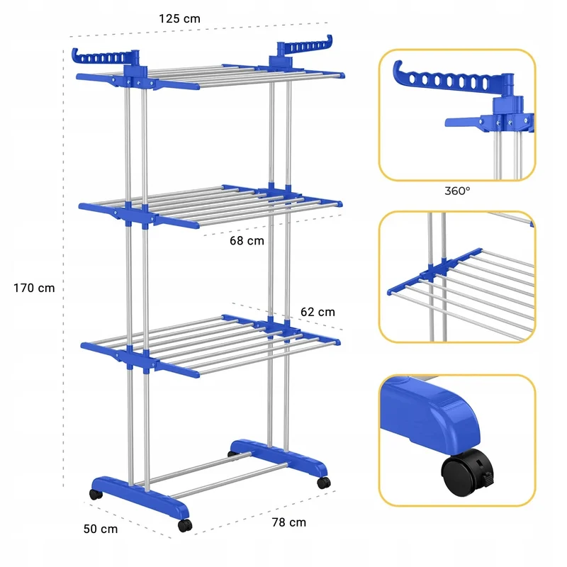 Foldable og pladsbesparende vasketøjsstativ med 4 niveauer og justerbare sidefløje