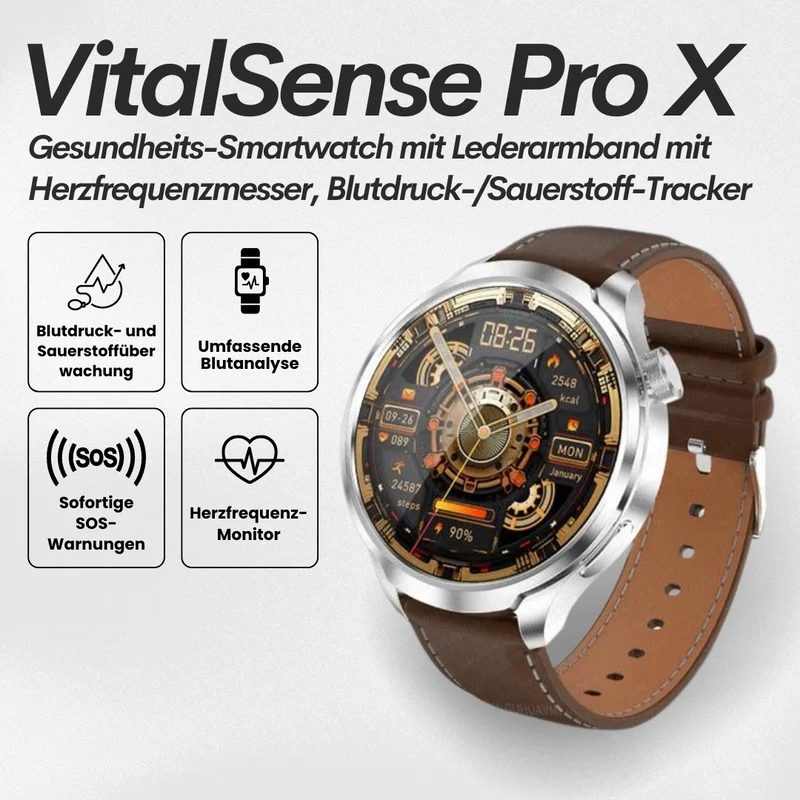 Sundhedssmartwatch med læderrem - VitalSense Pro X (2025)