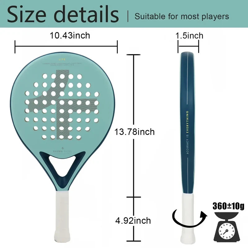 Letvægts Padelbat i kulfiber, mat finish, til nybegyndere og professionelle