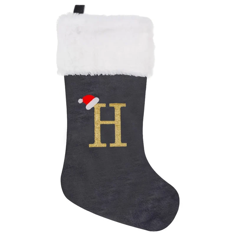Grå Samt Julestrømper med Monogram Bogstav – Dekoration