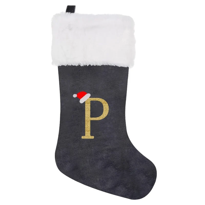 Grå Samt Julestrømper med Monogram Bogstav – Dekoration