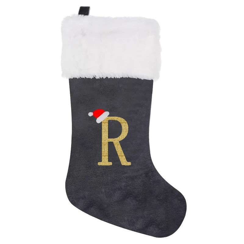 Grå Samt Julestrømper med Monogram Bogstav – Dekoration