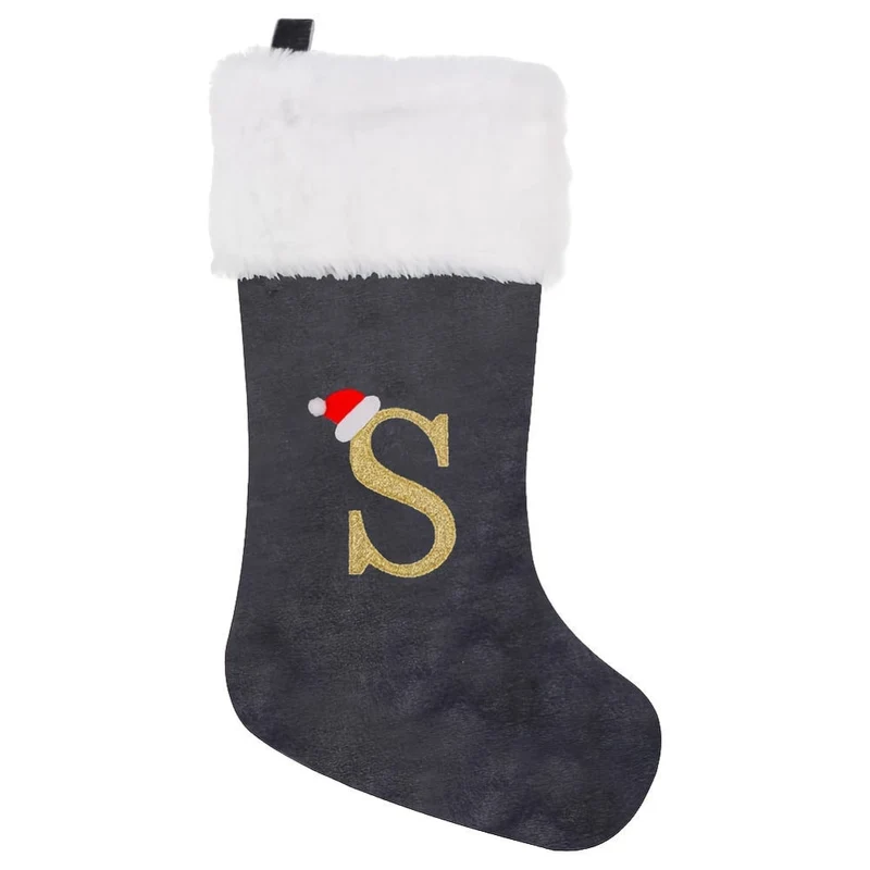 Grå Samt Julestrømper med Monogram Bogstav – Dekoration